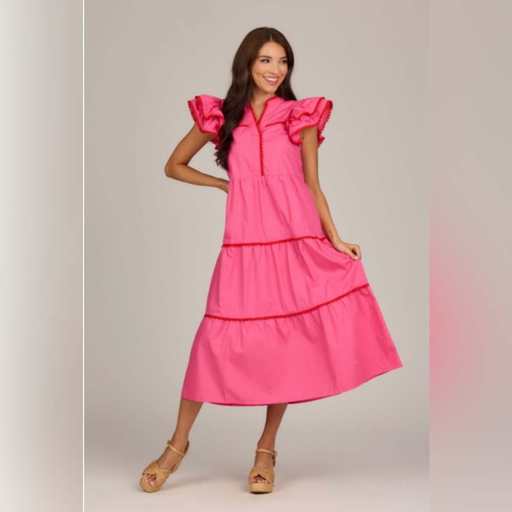 Mud Pie Pink Ruffled Tiered Midi Dress